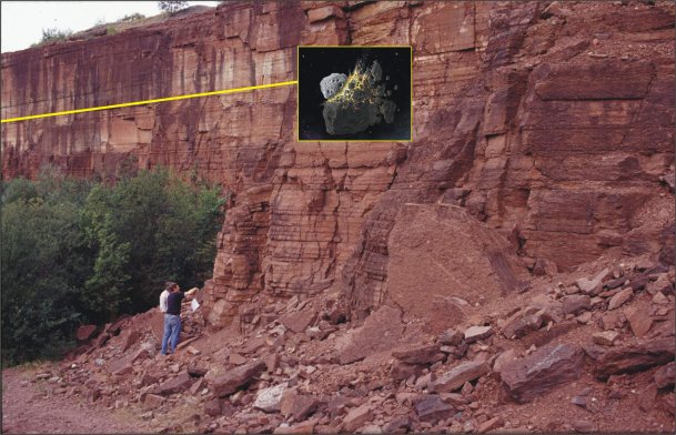 Mikrometeoriter, utomjordiska kromitkorn, hittas från den gula linjen och cirka tio meter uppåt. Linjen visar den stratigrafiska nivån då kollisionen ägde rum i asteroidbältet för flera hundra miljoner år sedan. Foto: Birger Schmitz