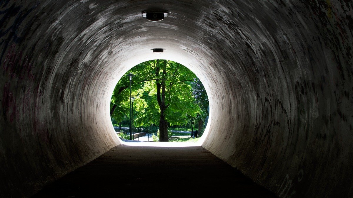 Mörk rund tunnel med grönska vid mynningen