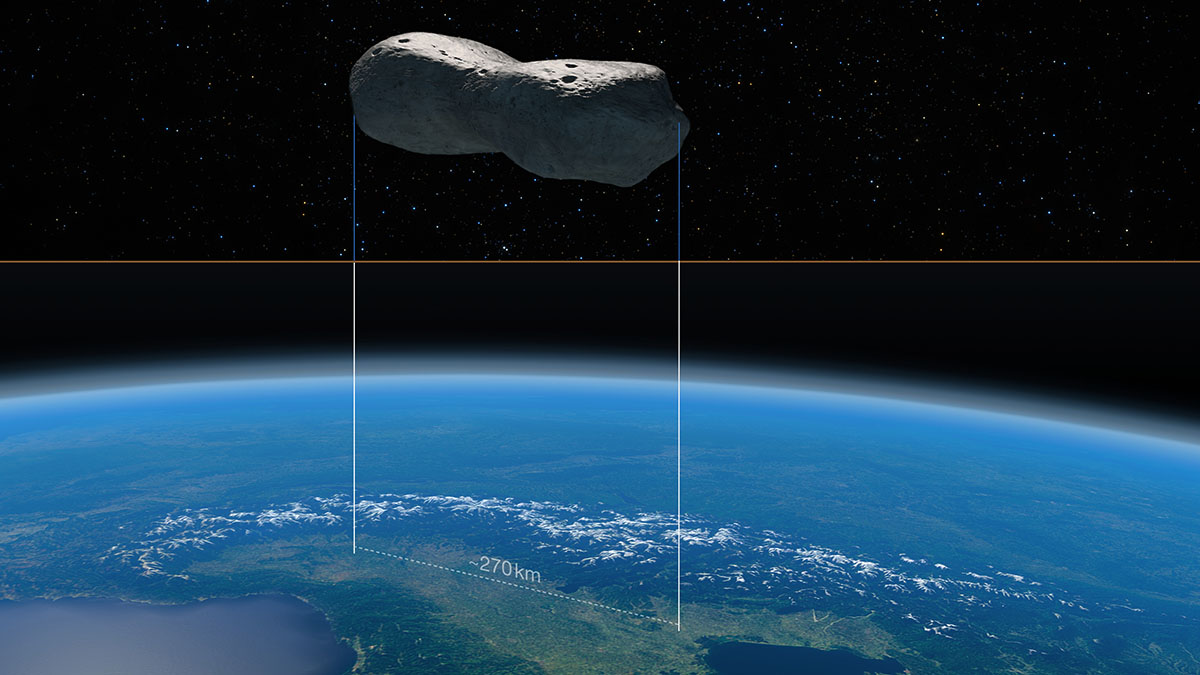 Asteroid formad som ett hundben svävar över en karta över ett flygfoto från norra Italien
