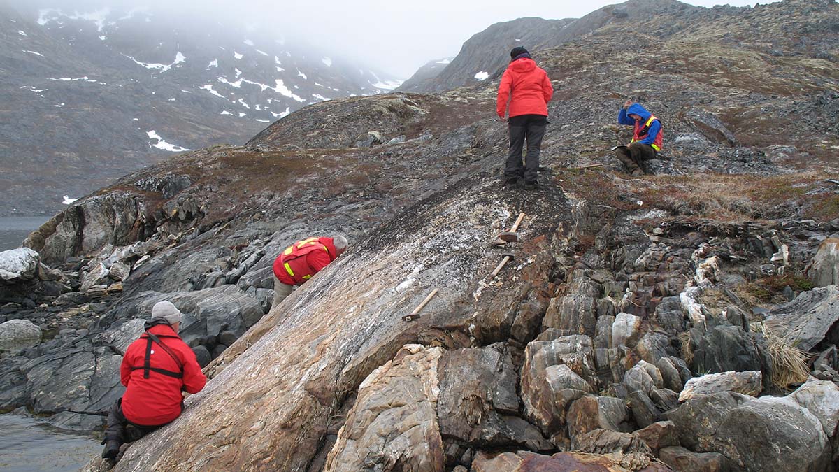 Fyra forskare undersöker bergmiljö