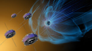 illustration som visar fyra satelliter i omloppsbana runt jordens magnetfält