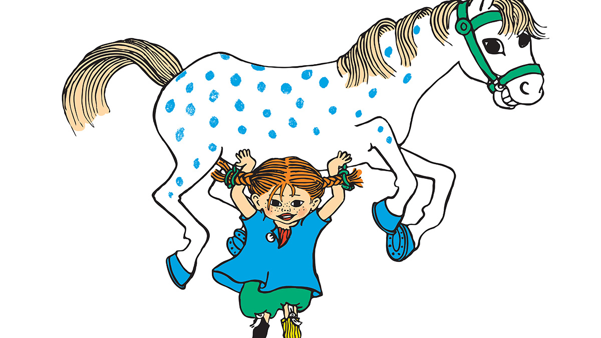 Illustration av Ingrid Vang Nyman som föreställer Pippi som lyfter sin häst.