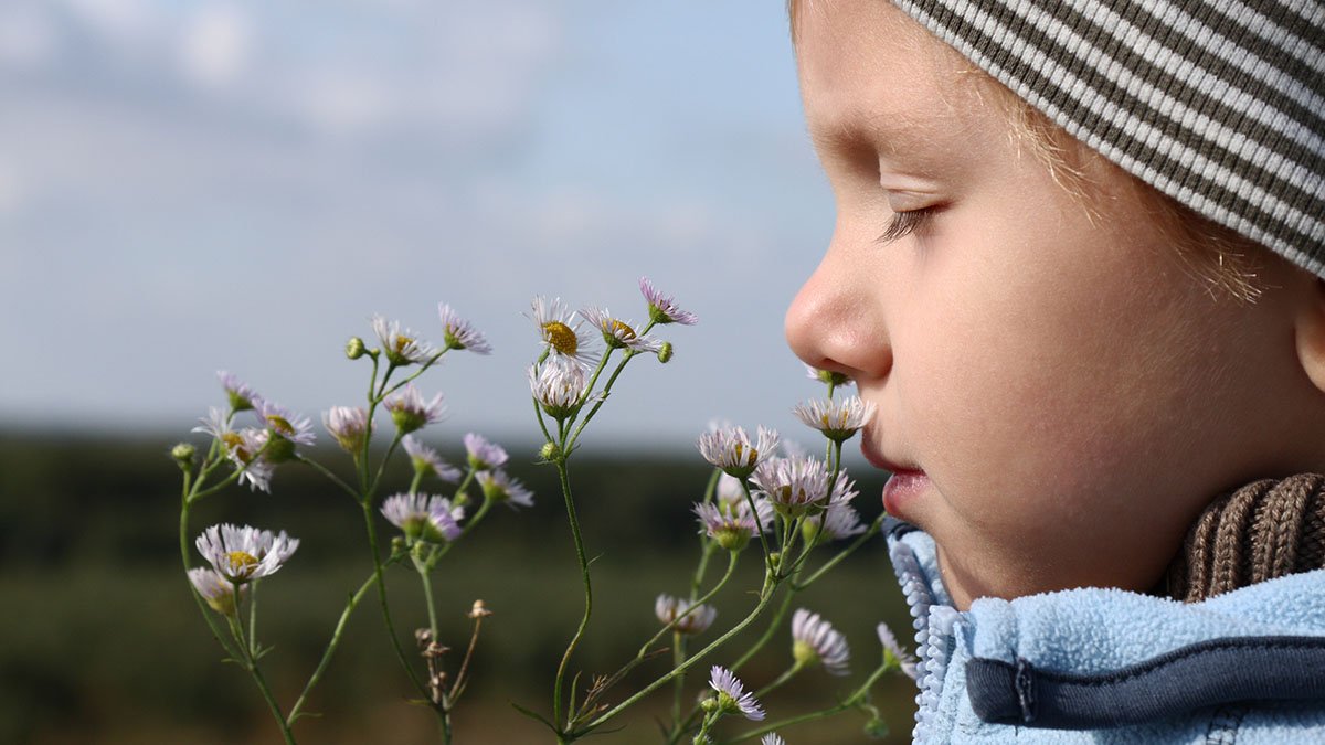 Liten pojke doftar på en blomma