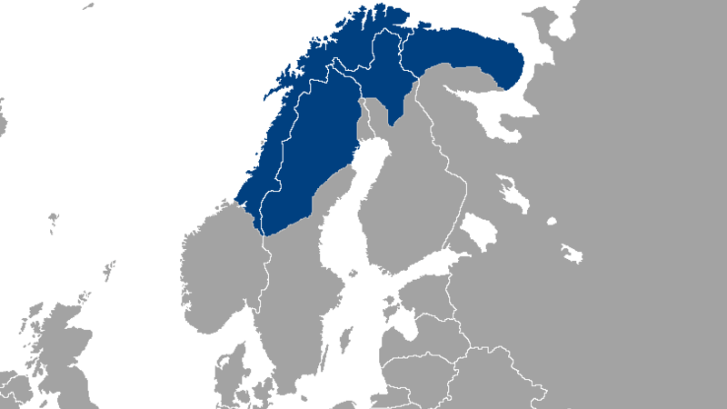 Grå karta över norra Europa, som märker ut ett blått område i norr.