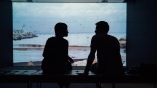 Två personer sitter som svarta siluetter vid ett fönster och talar med varandra.