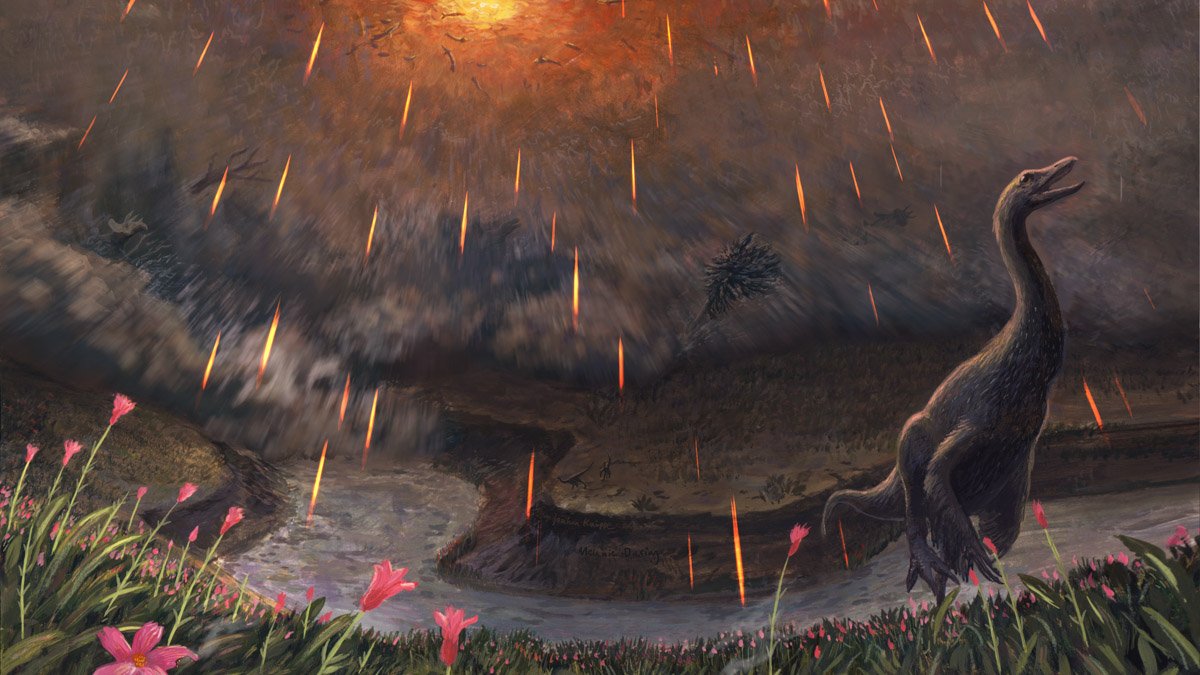Dinosaurie försöker fly undan meteoritnedslag vid flod under slutet på kritaperioden.