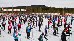 Vasaloppet, många skidåkare åker.