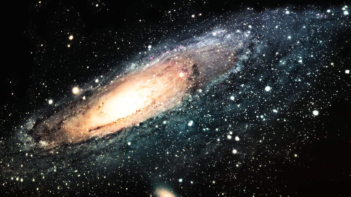 Illustration av vår galax Vintegatan som en stor spiralformad skiva av stjärnor.