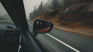 Landsväg, sedd från passagerarsidan i bil, närmast syns bilens sidofönster samt sidospegeln.