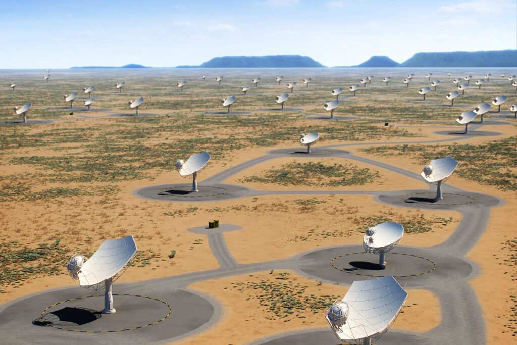 An artist’s impression of the completed Phase 1 of the SKA in South Africa’s Karoo Desert. (Credit: SKA Organisation)