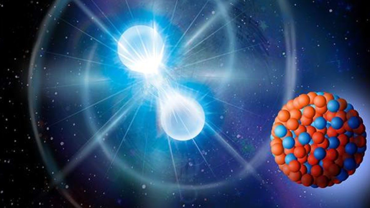 Illustration av en neutronstjärna och en atomkärna