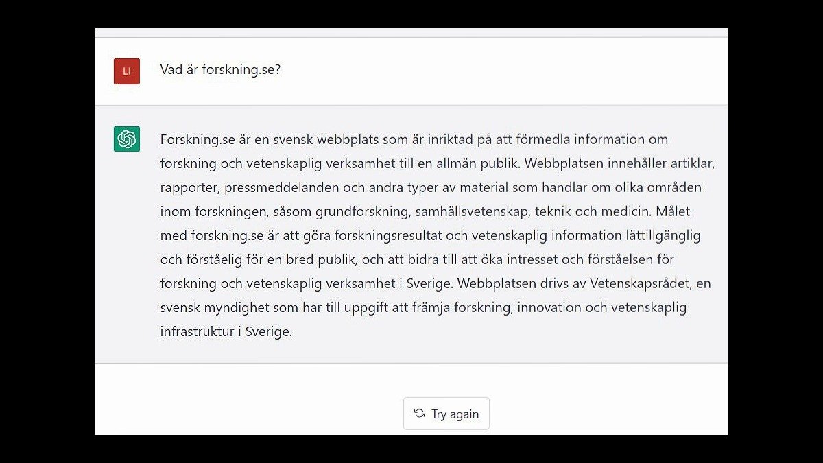 En textfråga på en skärm om vad forskning.se är.