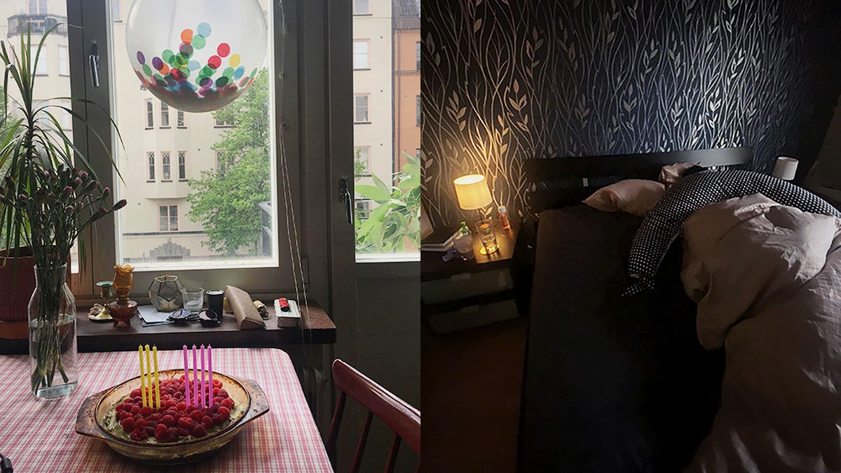 Två bilder i samma ram: 1. En tårta dekorerad med hallon, står på ett tomt bord vid ett fönster. Dagsljuset strilar in. 2. Dubbelsäng med ena halvan tom. Nattljus.