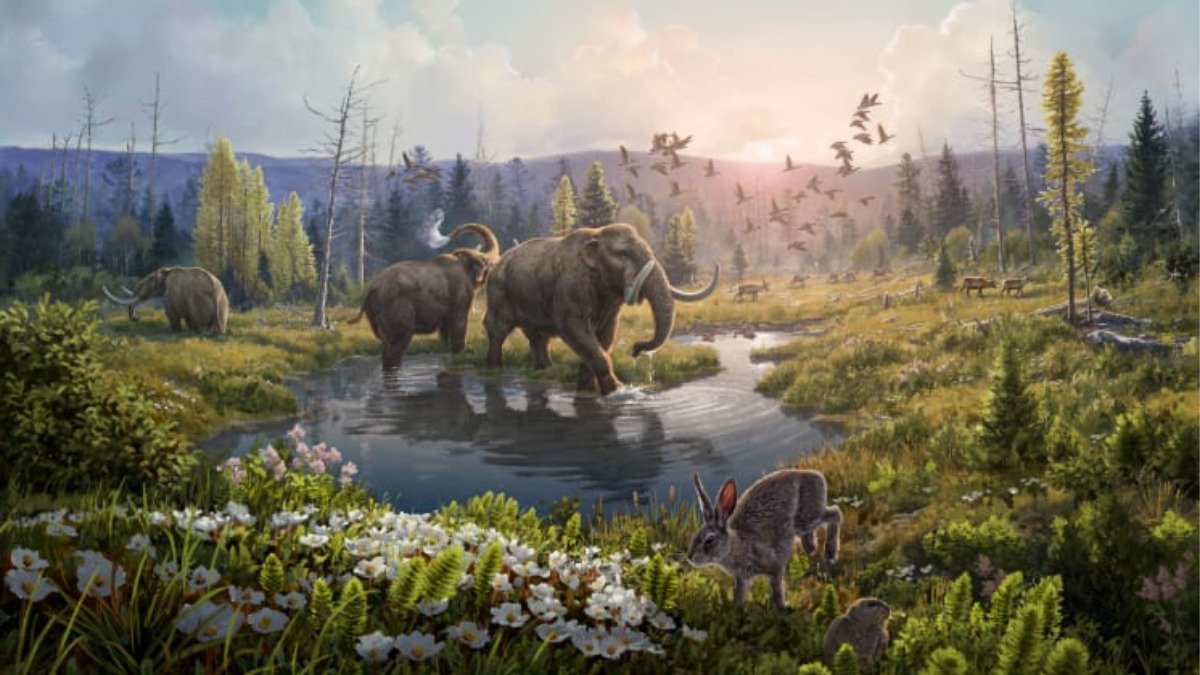 En illustration av ett grönt landskap med mastodonter och en hare.