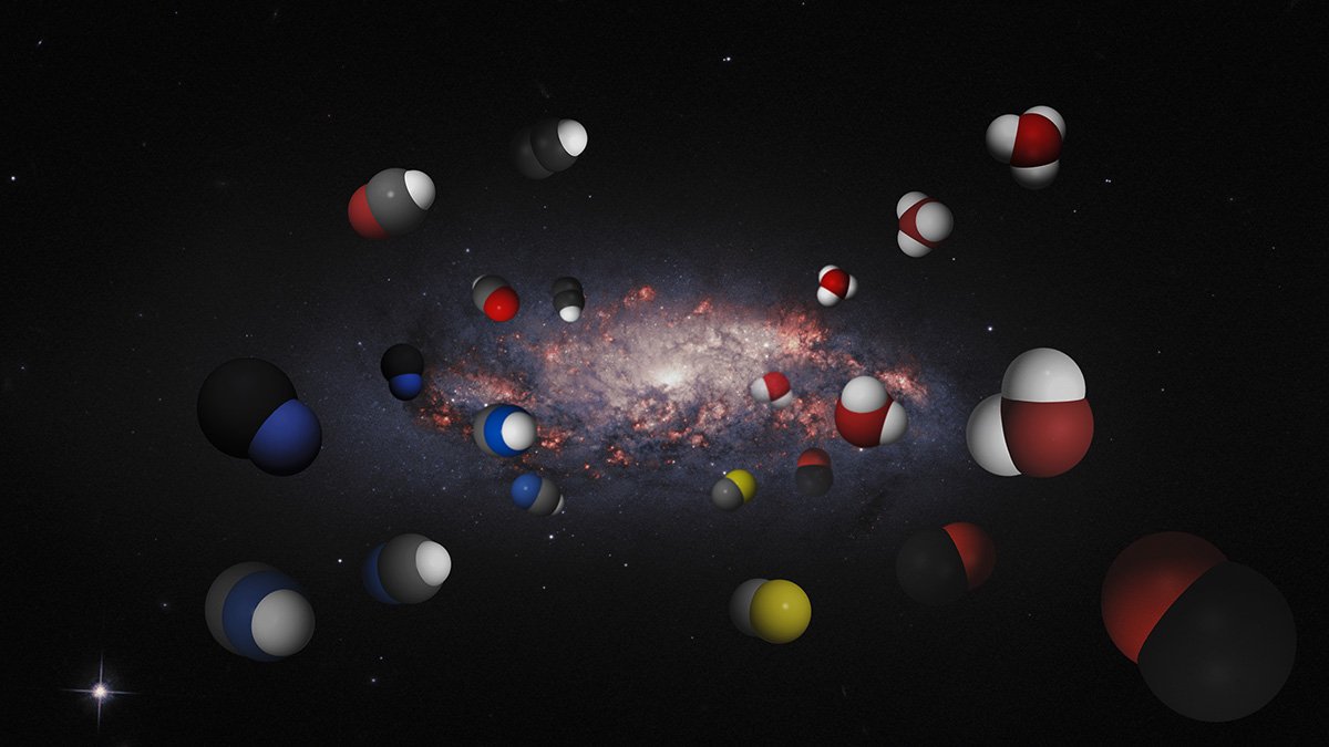 Montage med molekyler och bild av lysande galax