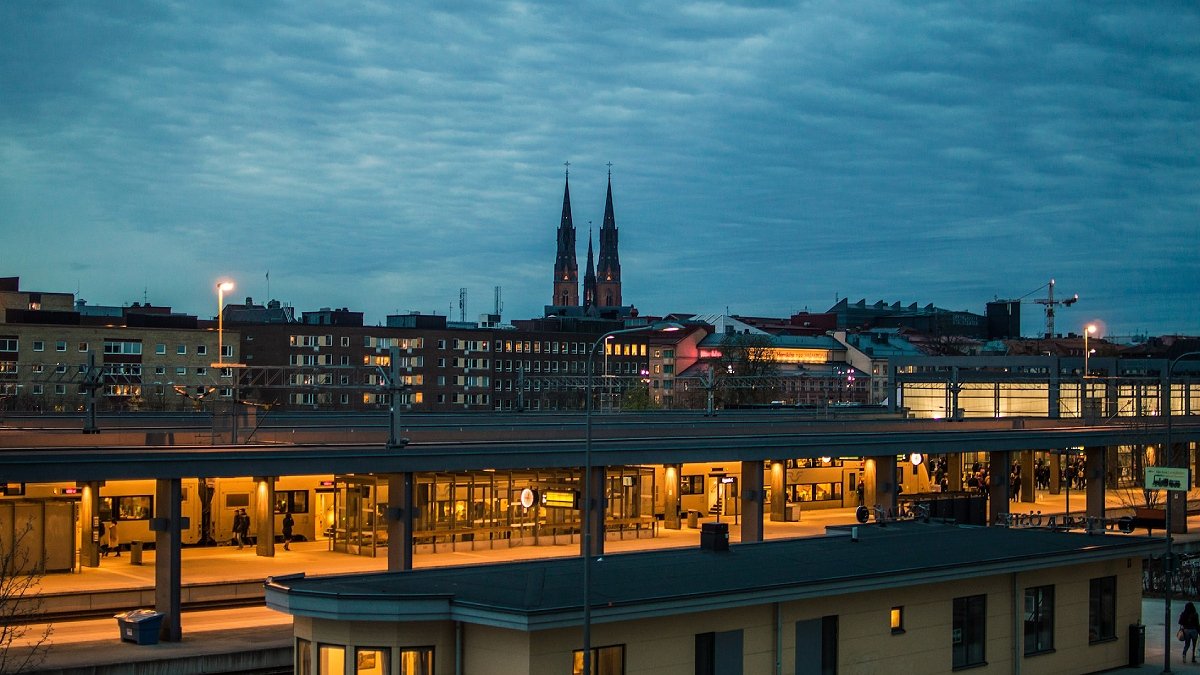 Vy över Uppsala i skymningsljus