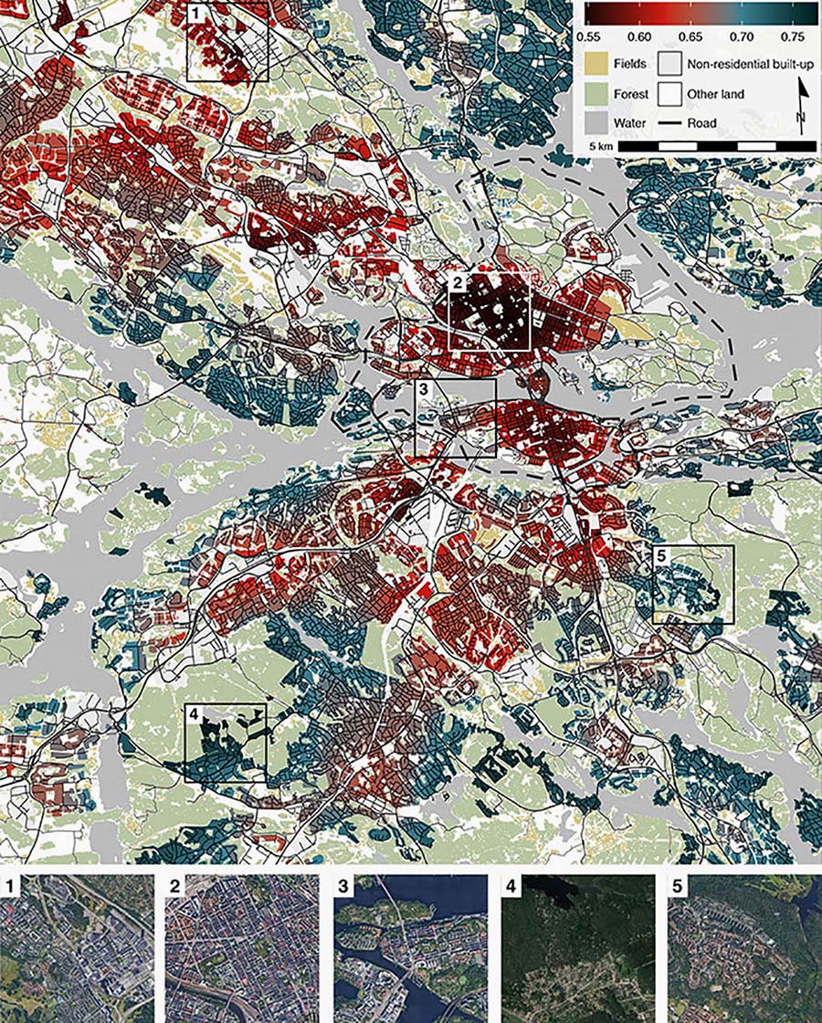 Karta som märker ut grönområden i Stockholms innerstad .