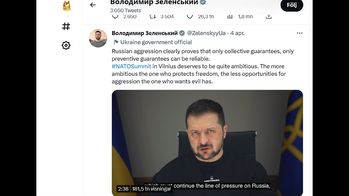 En bild från Twitter, med video på Ukrainas president.