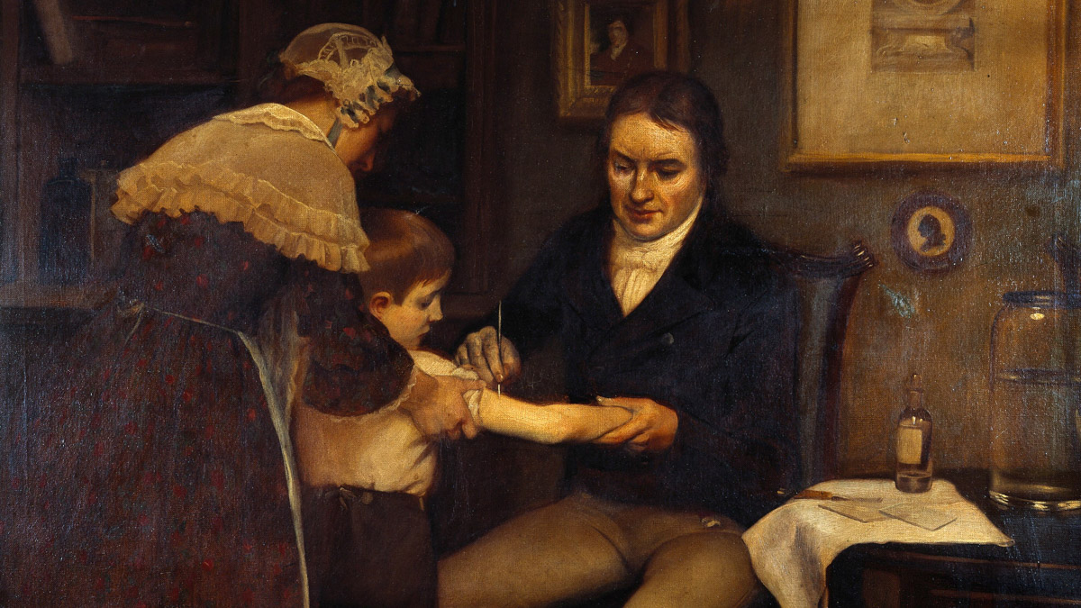 Doktor Edward Jenner utför första vaccinationen år 1796. Oljemålning av Ernest Board. Bild: Wellcome Collection (CC BY 4.0).