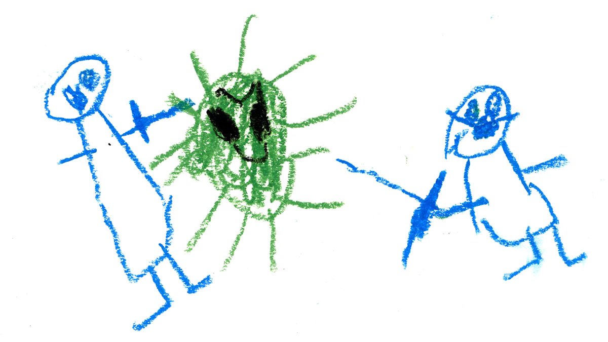 Teckning av två barn med svärd och ett virus