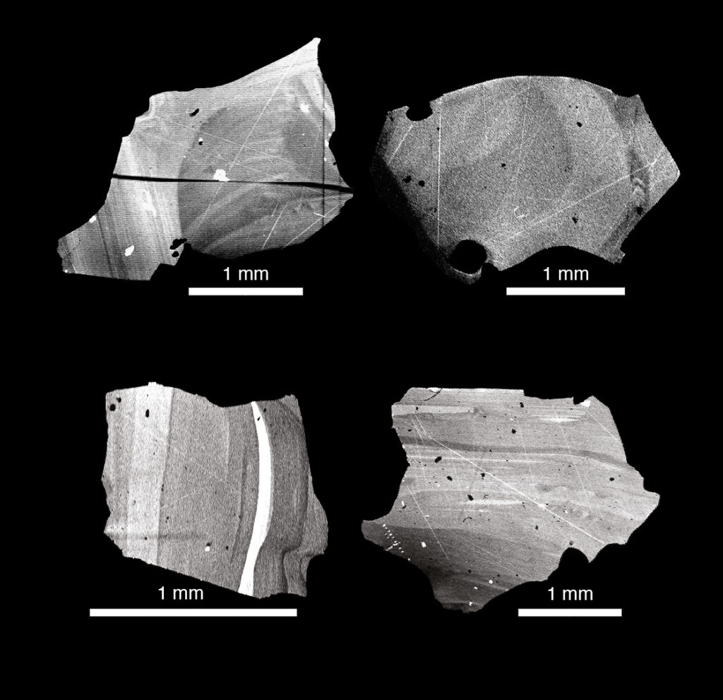  Några av de analyserade kvartskristallerna från vulkanen Toba. Olika tillväxtzoner, med olika sammansättning, framträder med skillnader i gråskalan. Bild: Troll et al.