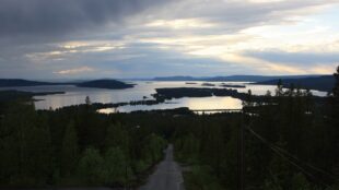 Vy över ett landskap med vatten och grön skog. Moln på himlen.