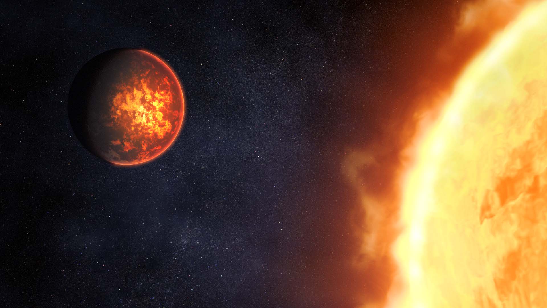 Exoplaneten ser ut som ett glödande klot som kretsar kring sin sol.