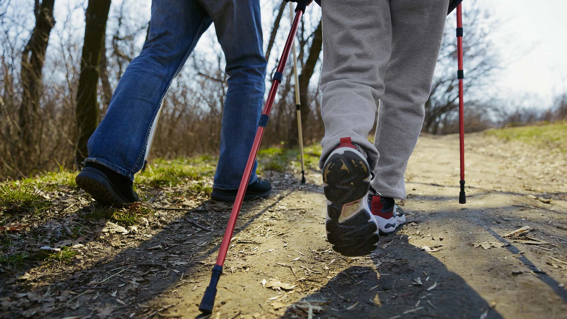 Äldre par promenerar med stavar