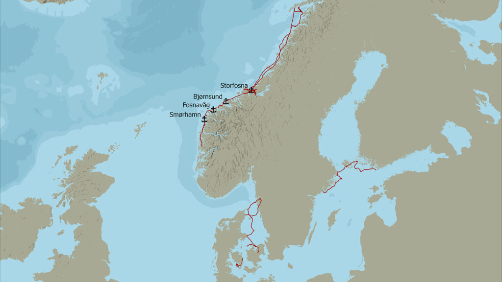 Karta med rutt och fyra hamnar längs Norges västkust.