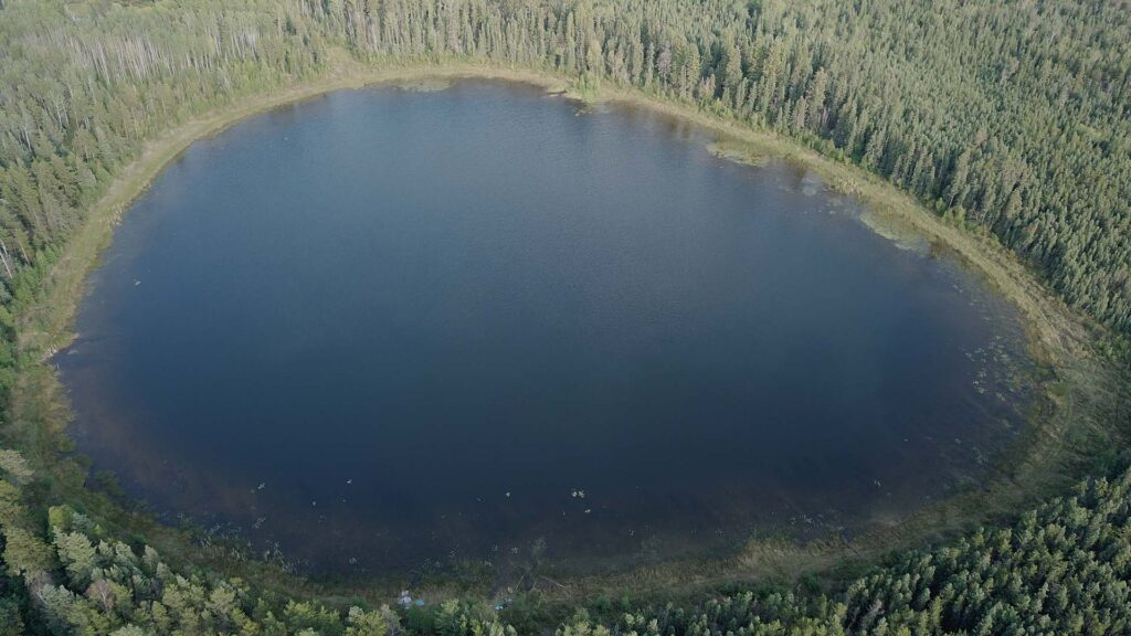Strandlinje vid en sjö sedd uppifrån, som en cirkel.